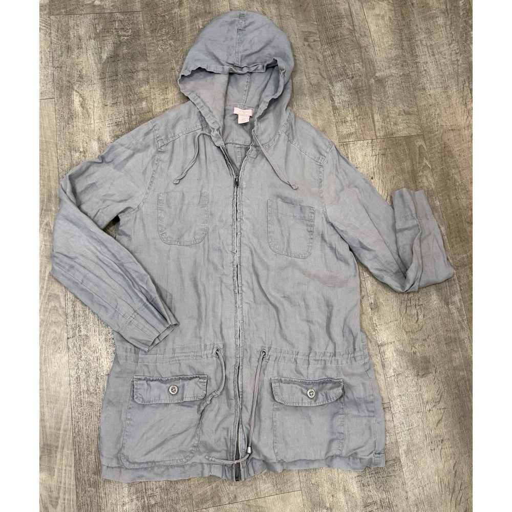 St. Tropez West Womens Medium Linen Gray Zip Jacket Lightweight Hood‎